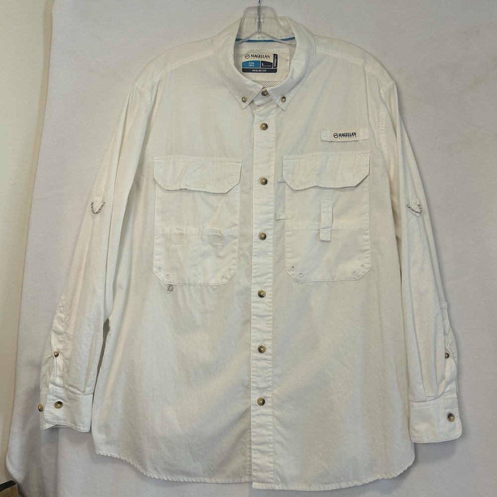 Magellan Outdoors Men's L Angler Fit Fish Gear Vented Long Sleeve WhiteShirt EUC